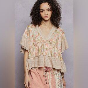 POL Floral Print V-Neck Woven Blouse with Gentle Gathers